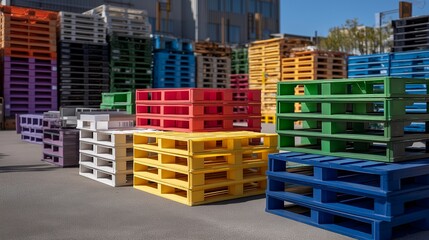 Stacks of colored plastic pallets arranged in geometric patterns at an outdoor loading yard, creating a vibrant industrial backdrop under bright daylight — durable pallet systems, outdoor logistics