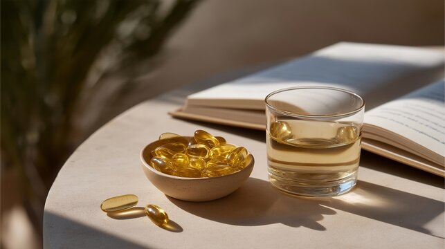 A flat lay of anti-aging supplements like collagen peptides, resveratrol capsules, omega-3 oils, and herbal adaptogens arranged neatly with a journal &mdash; longevity nutrition, inside-out beauty, and