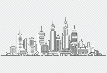 Fototapeta premium Modern city skyline illustration with skyscrapers and urban landscape in simple line art style