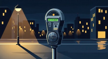 Illuminated parking meter stands before a darkened city skyline near water at night
