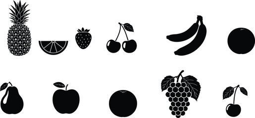 Fruit silhouette icons collection, black vector illustration set of apple banana cherry grape pineapple strawberry fruits isolated on white background © Akhi's orld