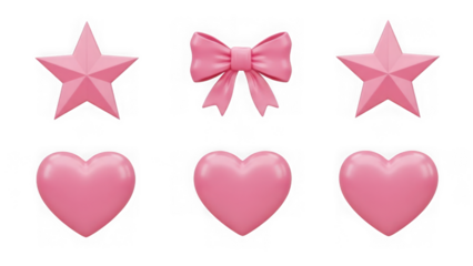 Pink hearts and stars with bow - isolated on transparent background