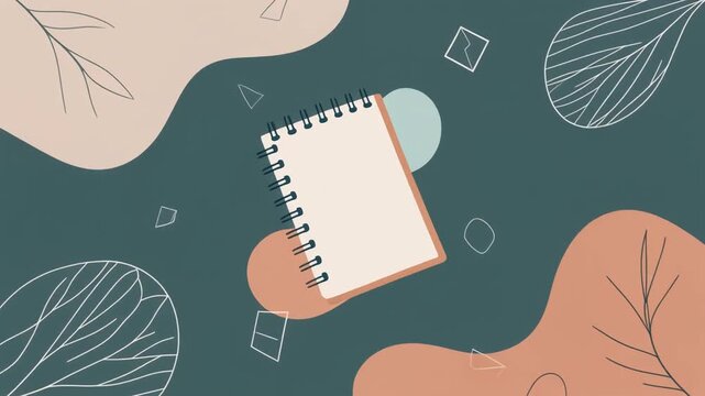 Overhead View of a Spiral Notebook with a Blank White Cover on a Teal Background with Abstract Organic Shapes and Leaf Motifs