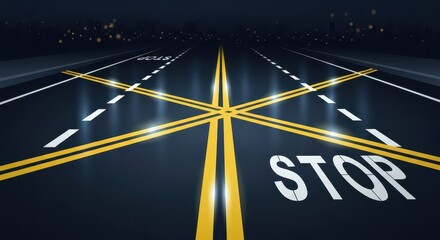 Asphalt roadway surface marked with illuminated crossing lines and warning inscription at night