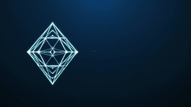 Geometric Wireframe Structure with Exploding Particles on Dark Blue Background abstract atom