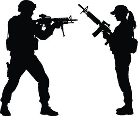 Military soldier silhouettes with rifles facing each other isolated on white background, armed forces combat defense illustration concept scene artwork