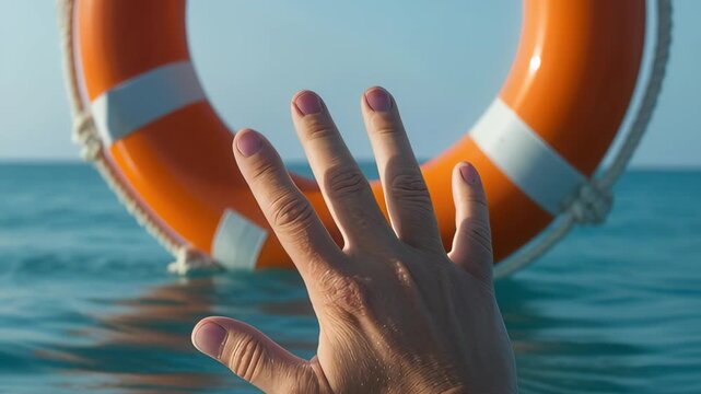 Hand reaches toward a bright orange lifebuoy near the surface of open ocean water. The scene suggests rescue and urgency with soft natural light, gentle waves, and a clear horizon evoking maritime saf