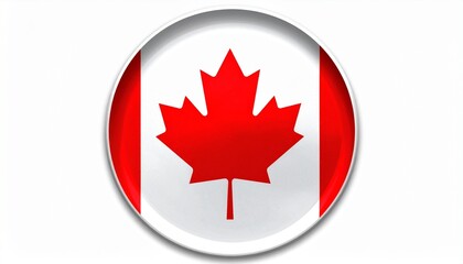 A glossy circular emblem featuring the Canadian maple leaf symbol in red and white on a clean background.