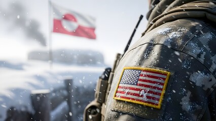 US Soldier with Greenland Flag in Arctic Combat Zone, Conflict and War