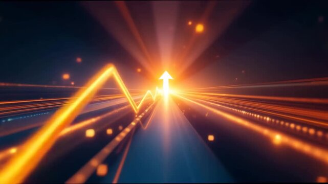 Bright glowing arrow speeding through an abstract digital data stream representing business growth concept and technological advancement