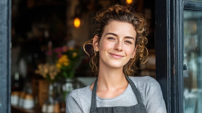 Portrait of a happy owner standing at the door of cefe shop, a cheerful adult waiter waiting for customers at a coffee shop, successful small business owner, professional, service