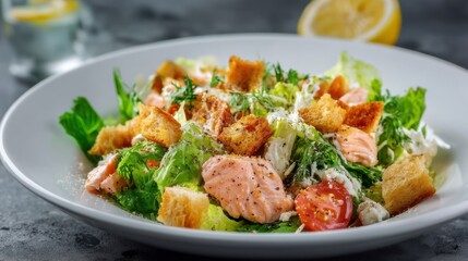 Fresh caesar salad with grilled salmon, croutons, cherry tomatoes, and romaine lettuce.
