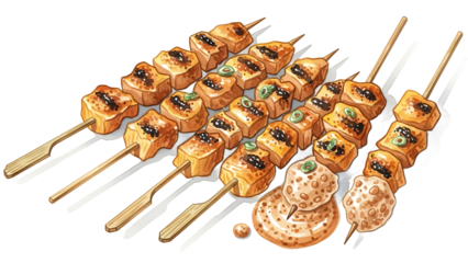 Assorted food skewers with various toppings on a white background