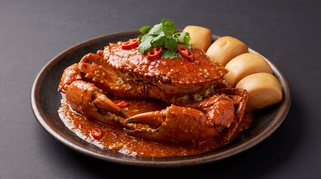 Succulent whole crab in vibrant spicy chili sauce, garnished with herbs and served with fluffy steamed buns. A classic Asian gourmet seafood dish