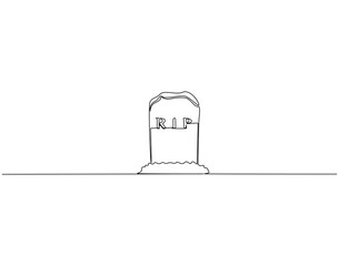 Continuous line drawing of gravestone with RIP word. Single line illustration of gravestone. Rememberance concept. Editable outline