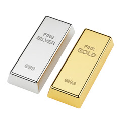 Gold and silver bars isolated on transparent background