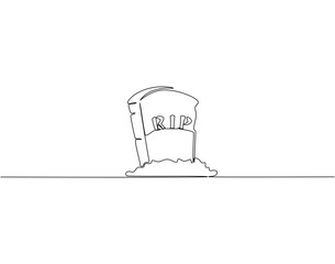 Continuous line drawing of gravestone with RIP word. Single line illustration of gravestone. Rememberance concept. Editable outline