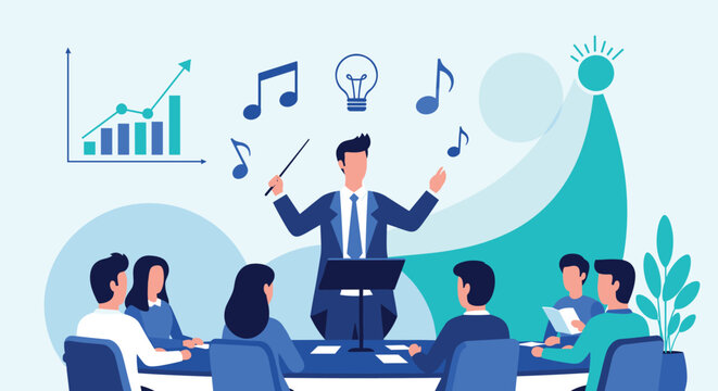 Business leader as a conductor orchestrating a meeting, with musical notes and idea icons symbolizing creative management.