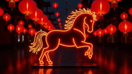 A glowing rearing horse shio symbol, hanging chinese lanterns, dark night - Chinese New Year 2026 greeting, Year of the horse, Lunar celebration, chinese zodiac sign concept