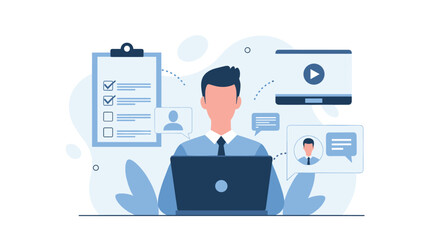 Man at a laptop managing online tasks, including video calls, checklists, and messaging, for remote work or e-learning.