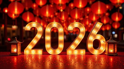 3d gold "2026" numbers with hanging traditional red chinese lanterns - Chinese new year greeting, Year of the horse, Lunar celebration, spring festival, luck, prosperity symbol concept