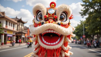 Portrait of traditional chinese lion dance head costume, oriental china town street - Chinese New Year 2026 celebration, Lunar, Beijing travel, tourism, luck, prosperity