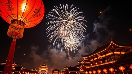 Glowing red chinese lanterns hanging on traditional chinese pagoda roof, fireworks - Chinese New Year decoration, Lunar celebration, spring festival, Beijing China travel, luck prosperity