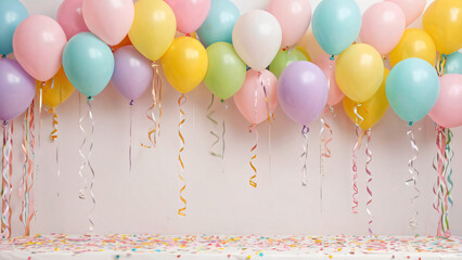 Reihe von bunten Luftballons mit B&auml;ndern und Konfetti auf dem Boden