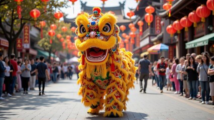 Traditional chinese lion dance costume performance, chinese lanterns, old china town street, crowd of people - Chinese New Year 2026 celebration, Lunar, Beijing travel, tourism, luck, prosperity