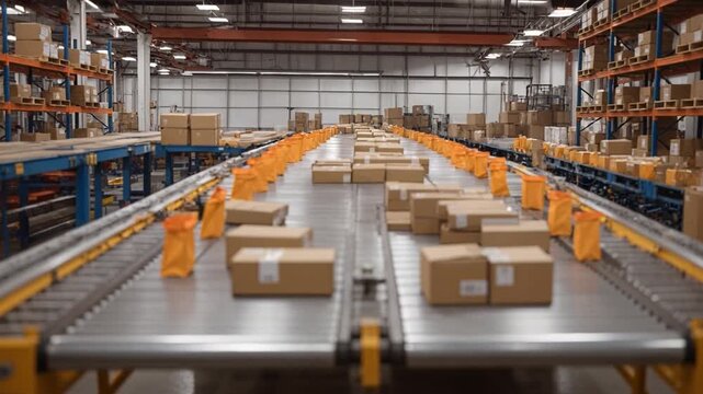 Boxes are arranged neatly on a conveyor belt in a warehouse. Workers are preparing parcels for shipment during the afternoon. The area is busy with activity and organization