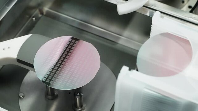 Robotic wafer handling and inspection inside a precision semiconductor fabrication environment, showing silicon wafer transfer between cassette and processing station with grid-patterned dies visible