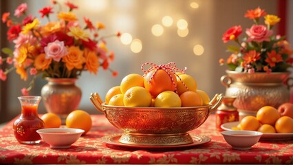 A bowl with mandarin oranges on red tablecloth, flower arrangements, traditional chinese decoration, oriental ornament - Chinese New Year celebration, Lunar, spring, luck, prosperity, wealth blessing