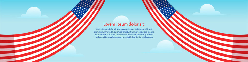 Fototapeta premium Wavy American flags framing a light blue sky with clouds and placeholder text, symbolizing patriotism and national celebration.