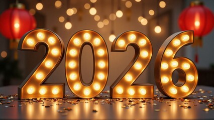 3d gold "2026" numbers with hanging traditional red chinese lanterns - Chinese new year greeting, Year of the horse, Lunar celebration, spring festival, luck, prosperity symbol concept