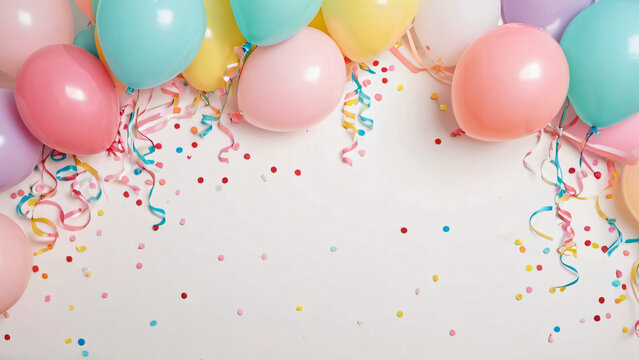 Festlicher Rahmen aus Pastell Luftballons und bunten Konfetti Streuseln