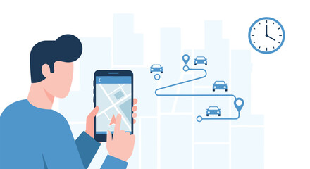 Man holding a smartphone and using a map application for GPS navigation to track a car's route through a city.