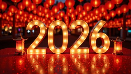 3d gold "2026" numbers with hanging traditional red chinese lanterns - Chinese new year greeting, Year of the horse, Lunar celebration, spring festival, luck, prosperity symbol concept