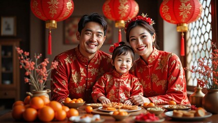 Portrait of happy Chinese family wearing traditional red qipao and tang suit, oriental decoration ornament, lanterns, mandarin tangerine oranges - Chinese New Year, Lunar celebration, luck, prosperity