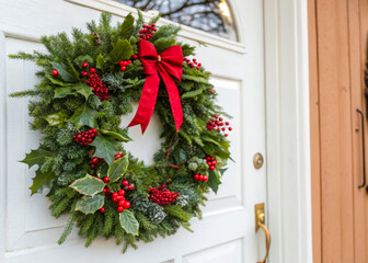 a wreath on a door with holly and red berries