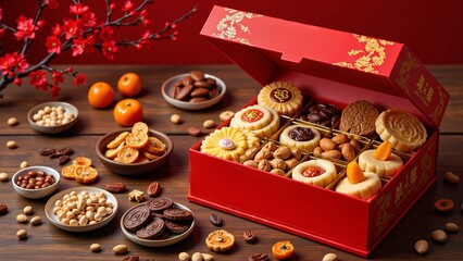 Chinese gift box with golden dragon patterns, assorted traditional pastries, nuts, moon cake - Chinese New Year, Lunar celebration, spring festival, Asian food, dessert, sweets, luck, prosperity
