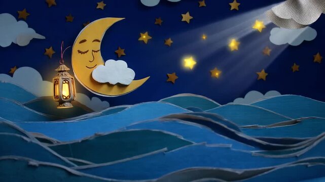  paper cut out of a moon, Islamic lantern  and stars in the sky  loop animation