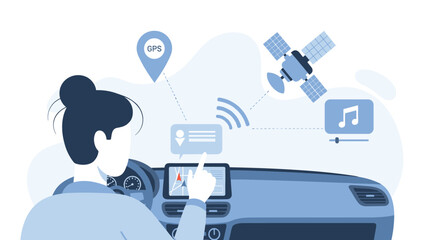 Woman in a car using the dashboard infotainment system for GPS navigation, with satellite and music streaming icons.