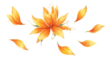 Vibrant Orange Flower Petals Dispersing in Mid-Air Against a White Background from a Top-Down Viewpoint