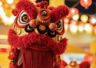 Portrait of chinese lion dance costume performance,  chinese lanterns, china town outdoors, night - Chinese New Year 2026 celebration, Lunar, Beijing travel, tourism, luck, prosperity