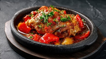 Delicious spicy roast chicken with red peppers and fresh herbs on a black plate.