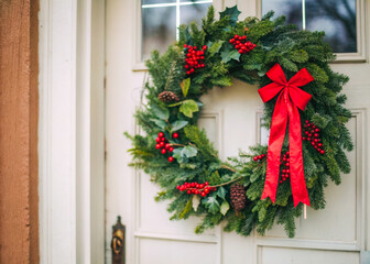 a wreath on a door with a red bow