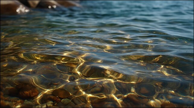 Sunlight refracts and ripples through clear shallow water illuminating the rocky riverbed below with golden patterns - Powered by Adobe