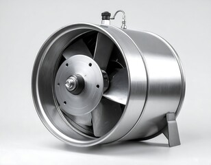 A cylindrical, silver-colored ventilation apparatus with prominent fan blades inside a circular opening. A gauge is attached to the top