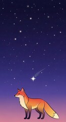 Obraz premium Adorable stylized fox gazes upward toward a bright shooting star in a dark night sky