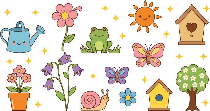 Cute garden nature elements set with flowers frog butterflies sun and birdhouse cartoon vector illustration